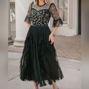 Ivy City Co Paris Dress XXL 2X Black Floral Beaded Embroidered Lace Midi Ruffle